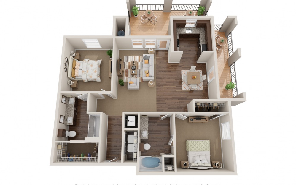 Essex - 2 bedroom floorplan layout with 2 baths and 1216 square feet.